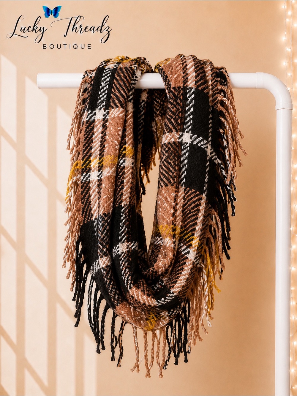 Brown Black Plaid Infinity Scarf Fringe Oversized Cozy